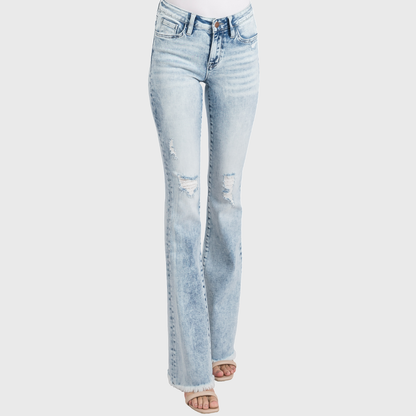 Petra153 | (Petite) Distressed Mid Rise Stretch Flare Jeans