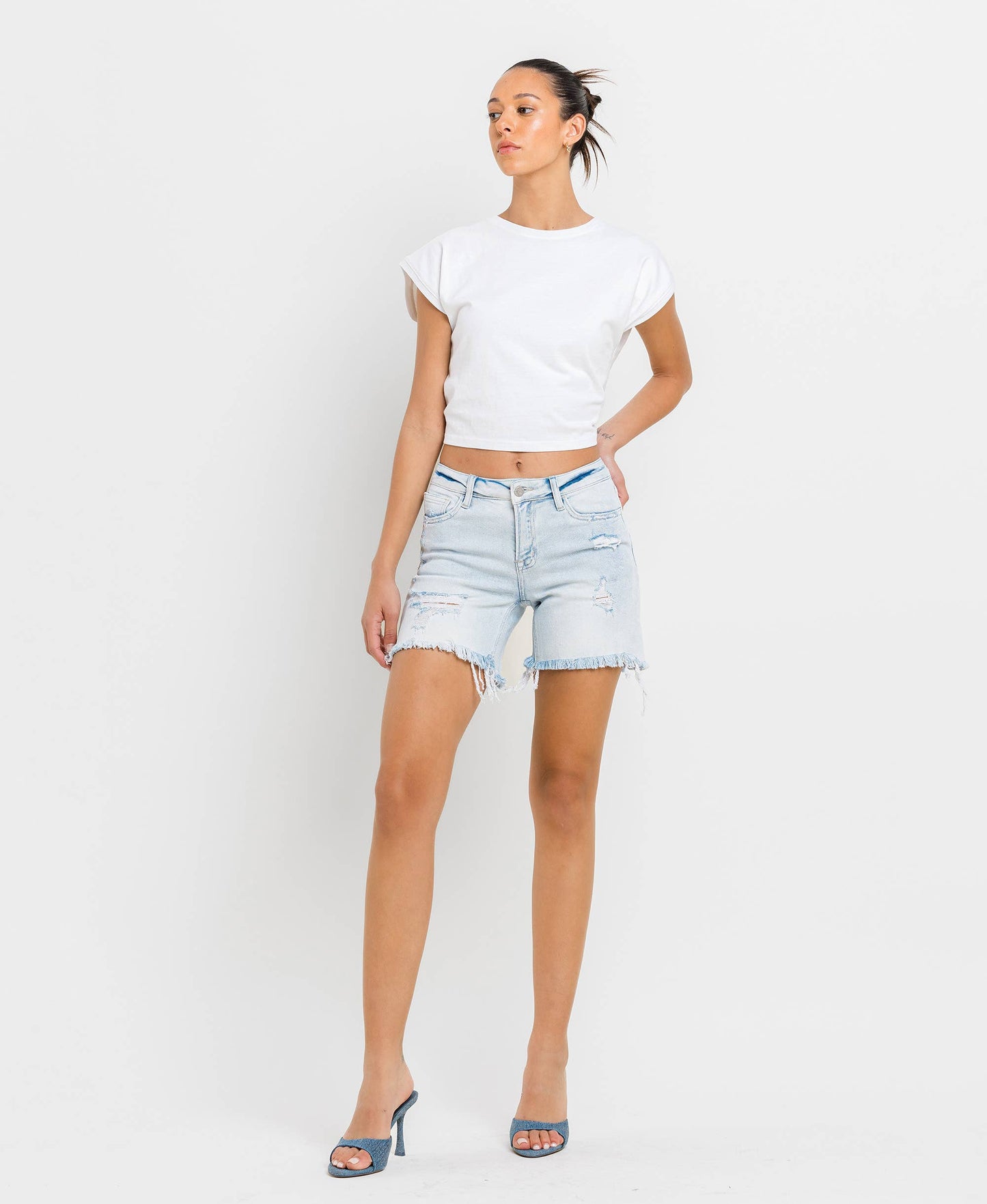 Vervet | Mid Rise Distressed Stretch Shorts