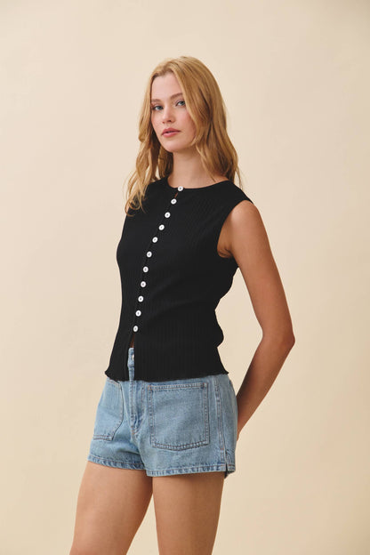 Fitted Ribbed Button Front Tank Top