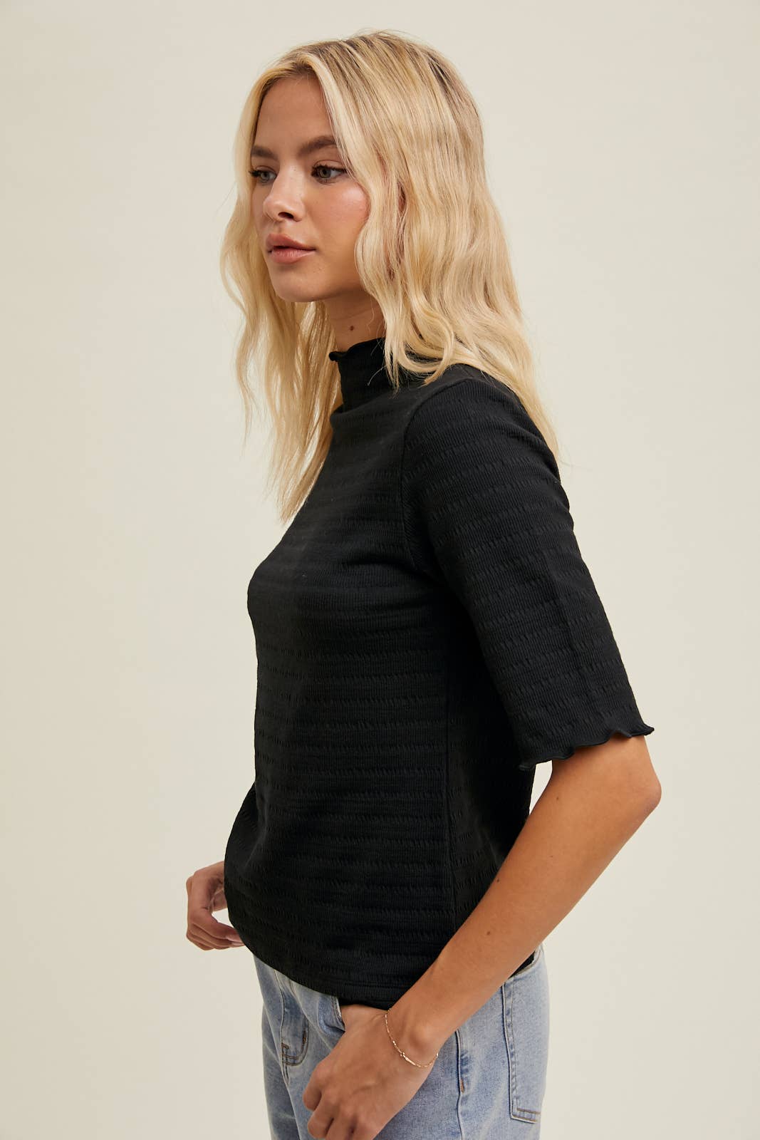 Lettuce Mock Neck Textured Knit Top