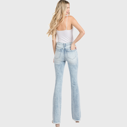 Petra153 | (Petite) Distressed Mid Rise Stretch Flare Jeans