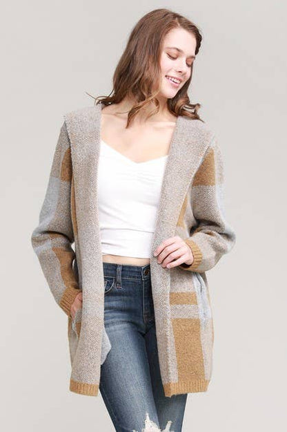 Hooded Checker Cardigan Sweater