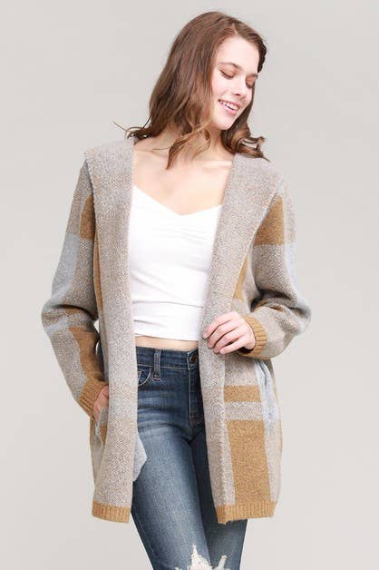 Hooded Checker Cardigan Sweater