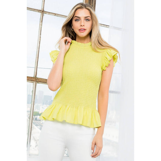 Smocked Peplum Blouse with Ruffle Sleeves
