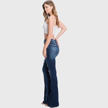 Petra153 | (Petite) Distressed Mid Rise Stretch Flare