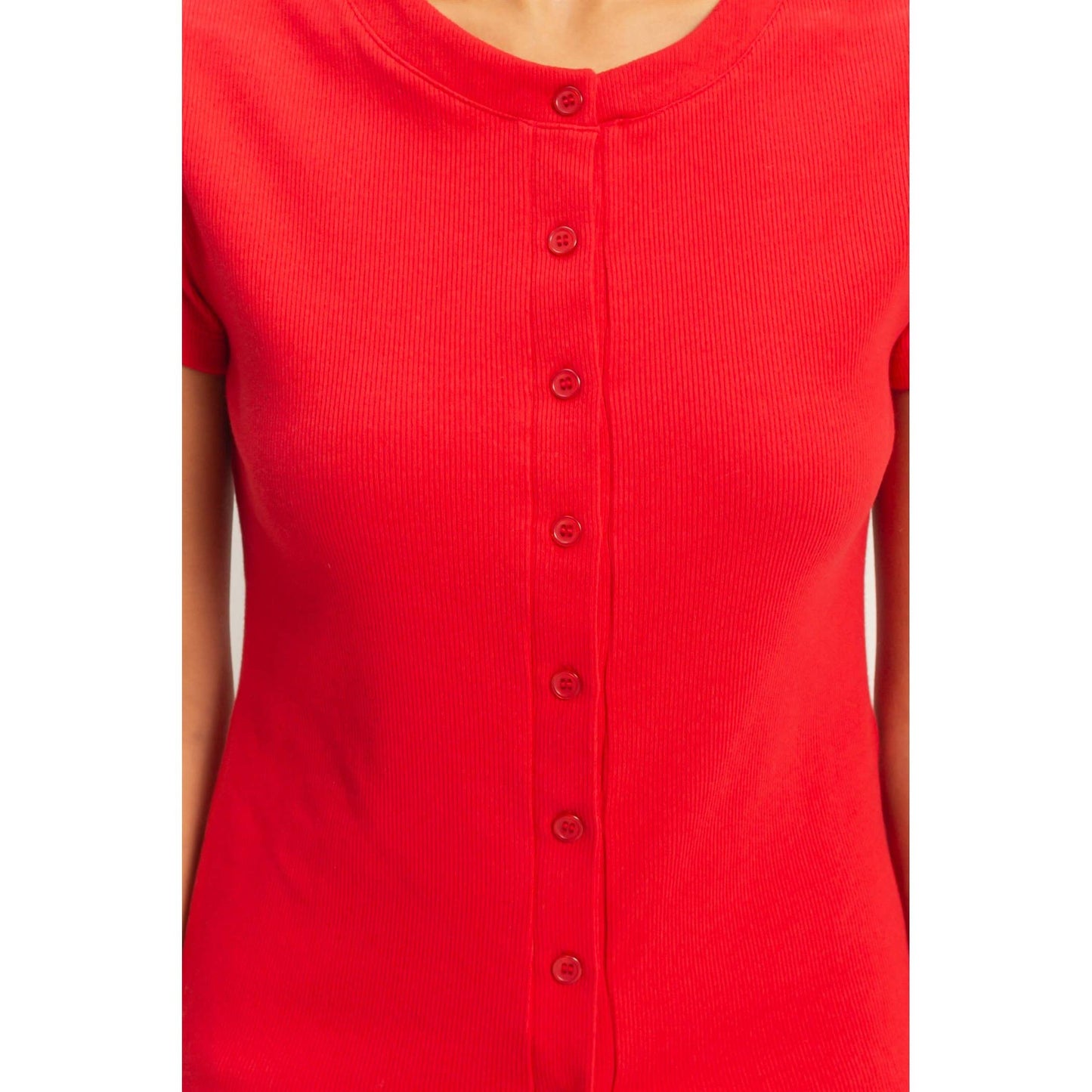Ribbed Button-Front Crew Neck Top