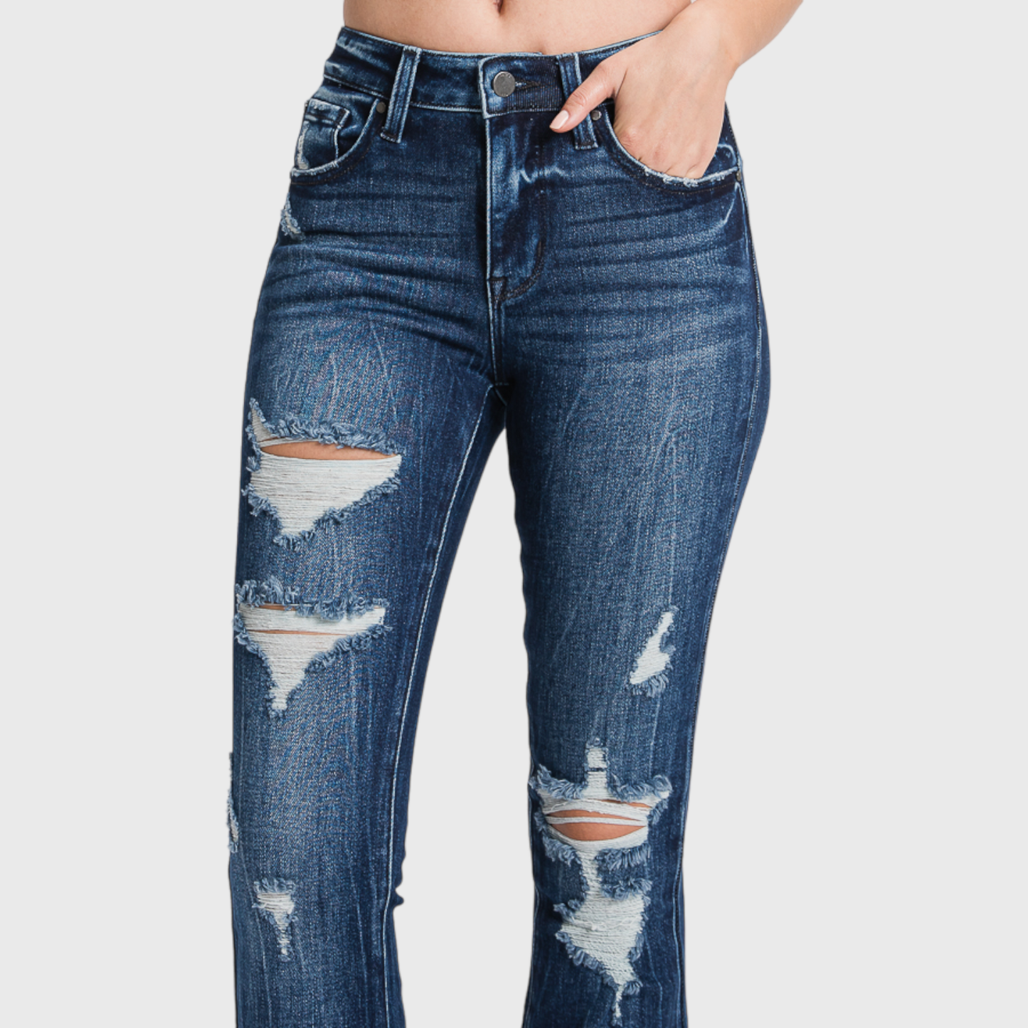 Petra153 | (Petite) Distressed Mid Rise Stretch Flare