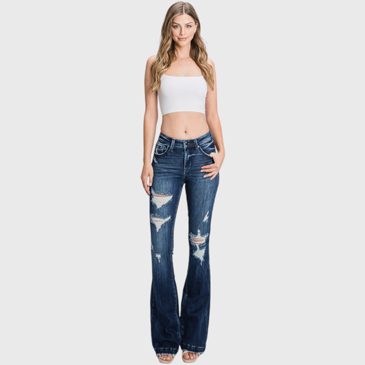Petra153 | (Petite) Distressed Mid Rise Stretch Flare