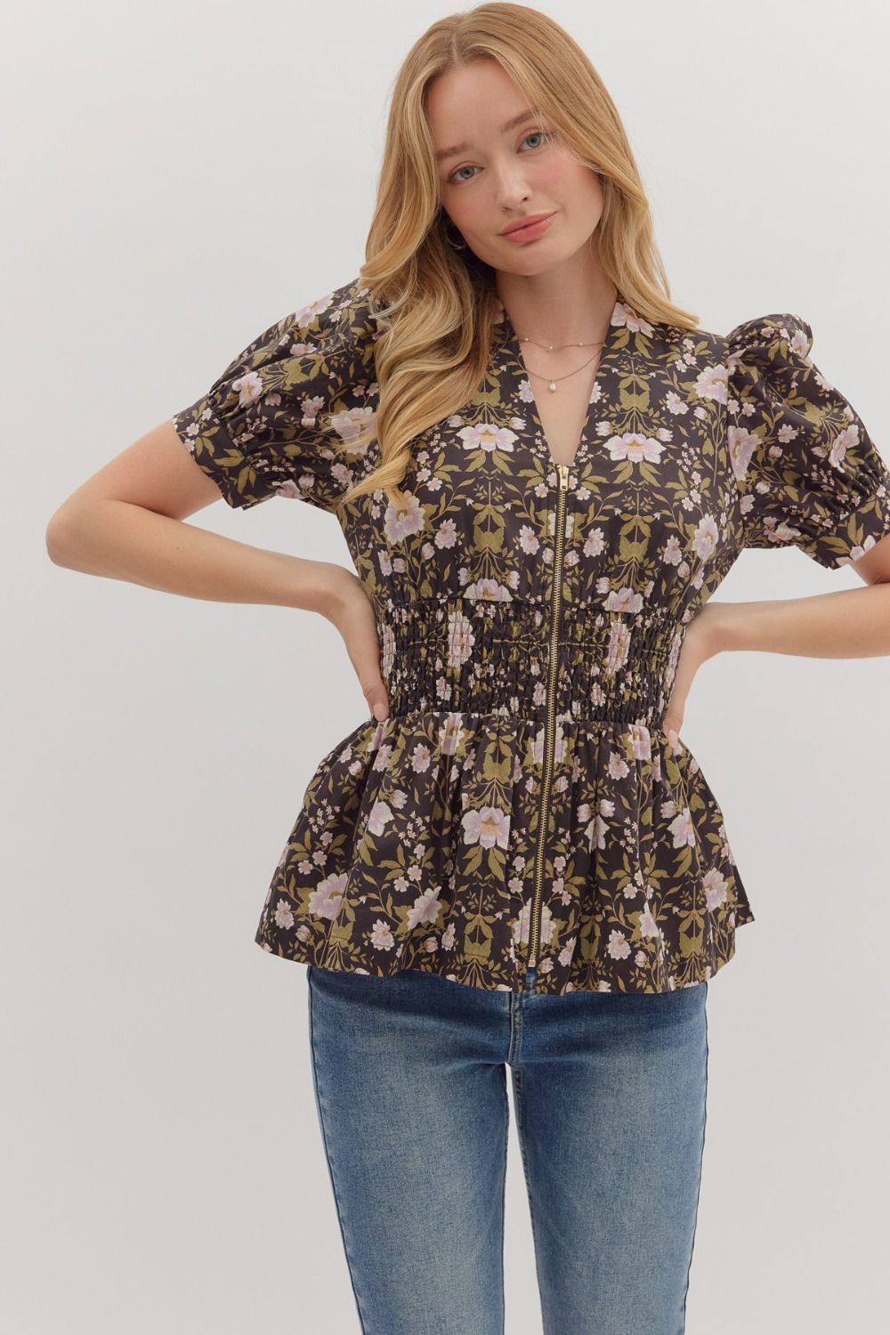 Entro | Floral Zipper Peplum Top