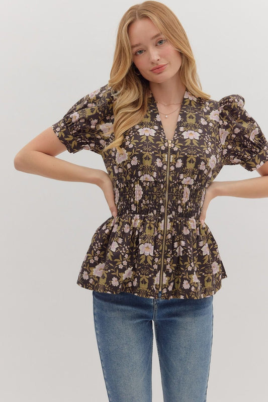 Entro | Floral Zipper Peplum Top