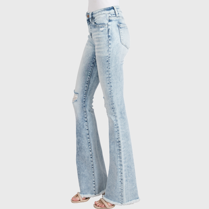 Petra153 | (Petite) Distressed Mid Rise Stretch Flare Jeans