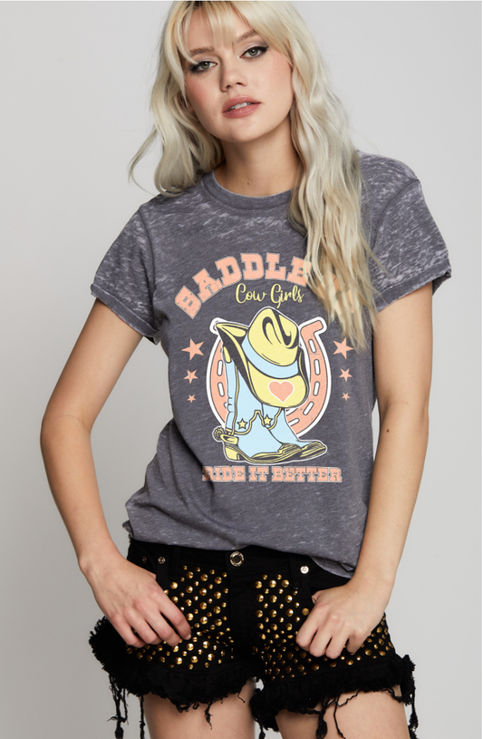 Saddle up Cow Girl Burn Out Graphic Tee