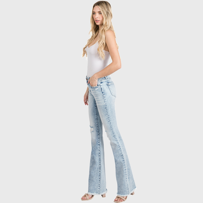 Petra153 | (Petite) Distressed Mid Rise Stretch Flare Jeans